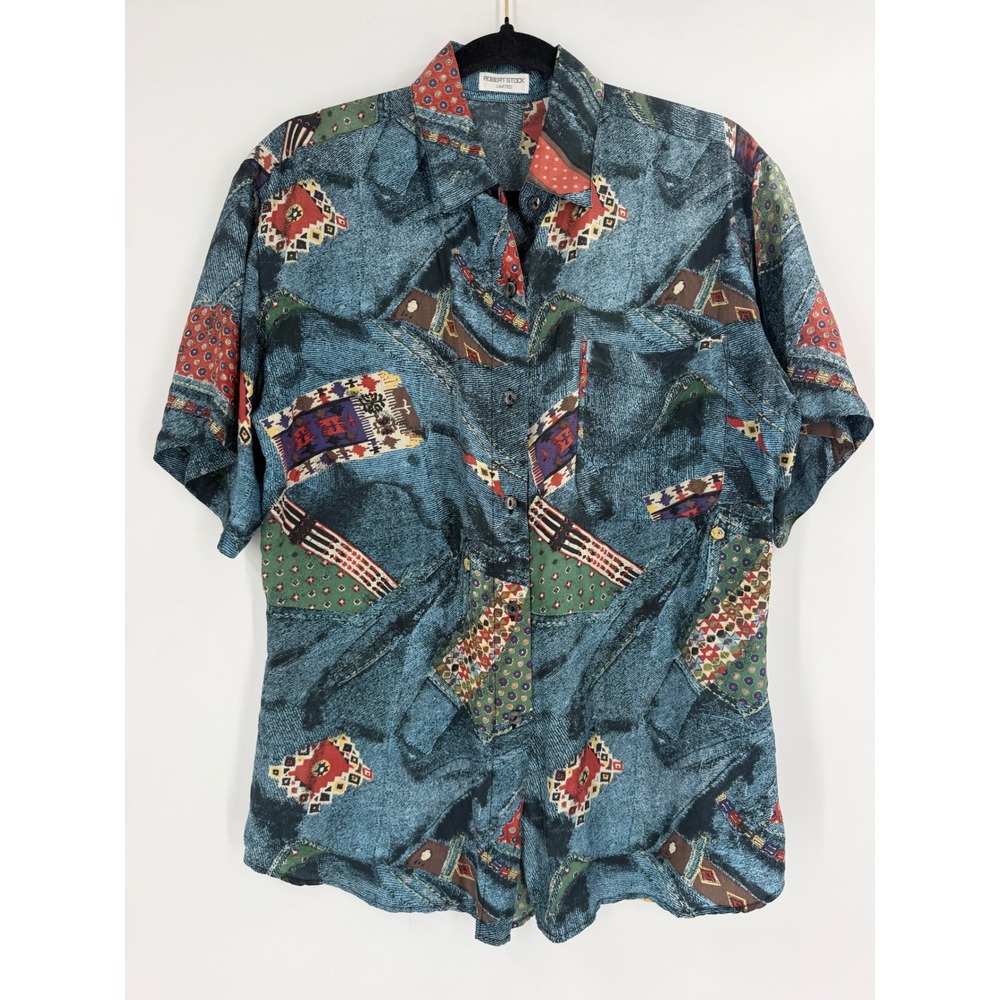 Robert Stock Silk Shirt Mens M Blue Geometric Patchwork Print Vintage 90s